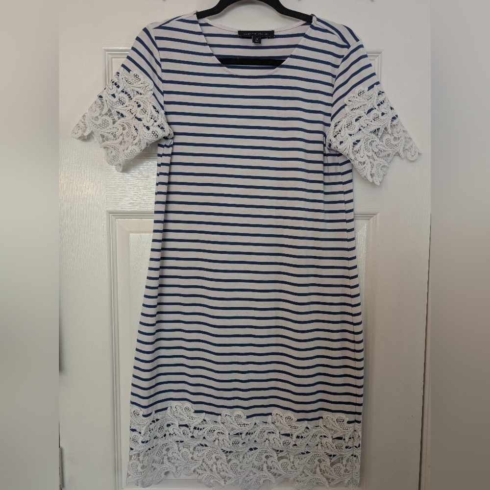 TOMMY HILFIGER Lace Trim Striped Short Sleeve T-shirt Dress